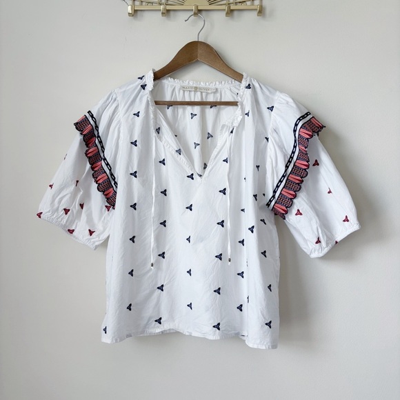 Marie Oliver Vida Ruffle Top XL Embroidered White Multi - Picture 1 of 6